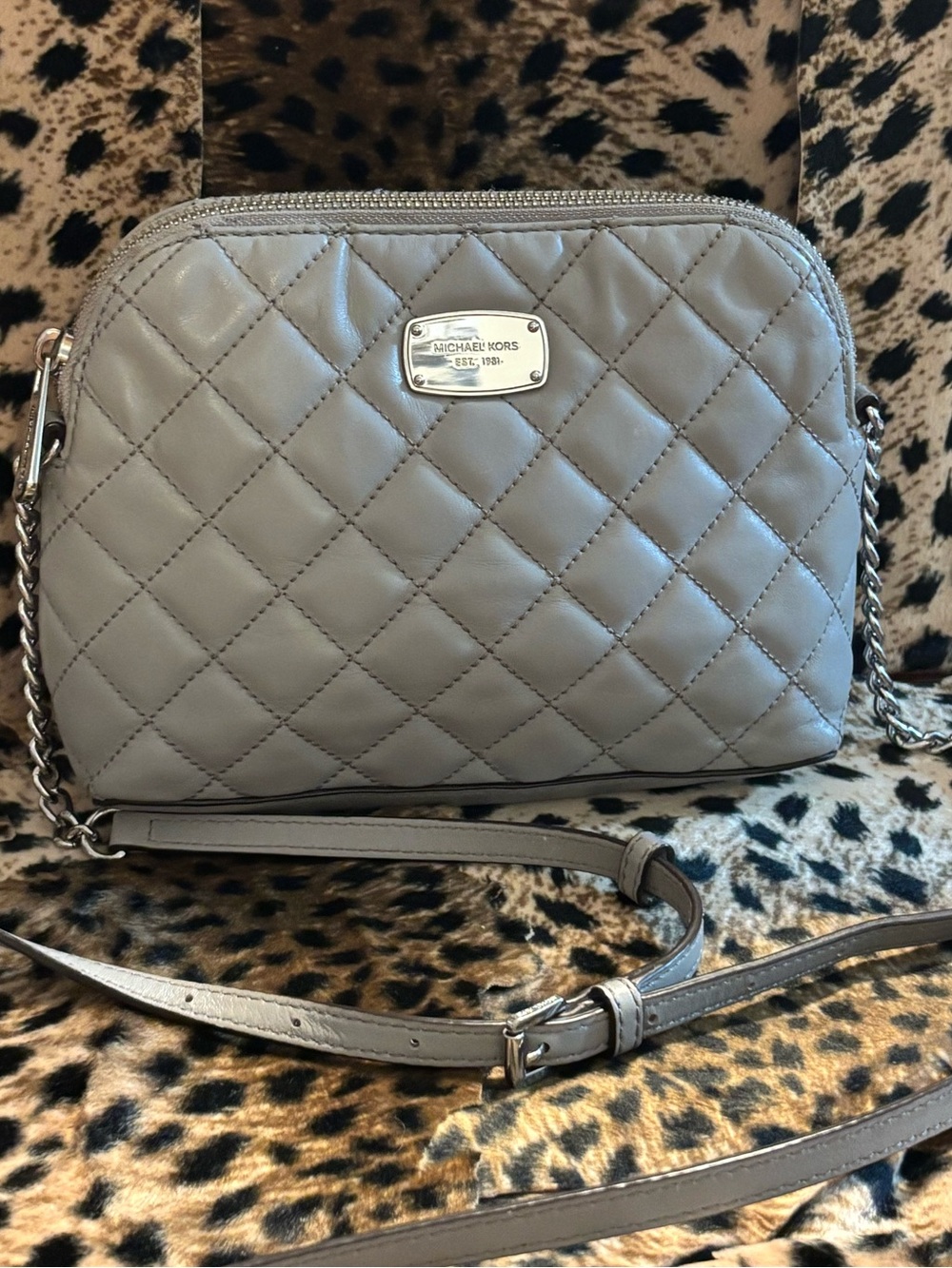 Michael Kors Cindy Quilted Leather Crossbody in Light Gray with Silver Hardware